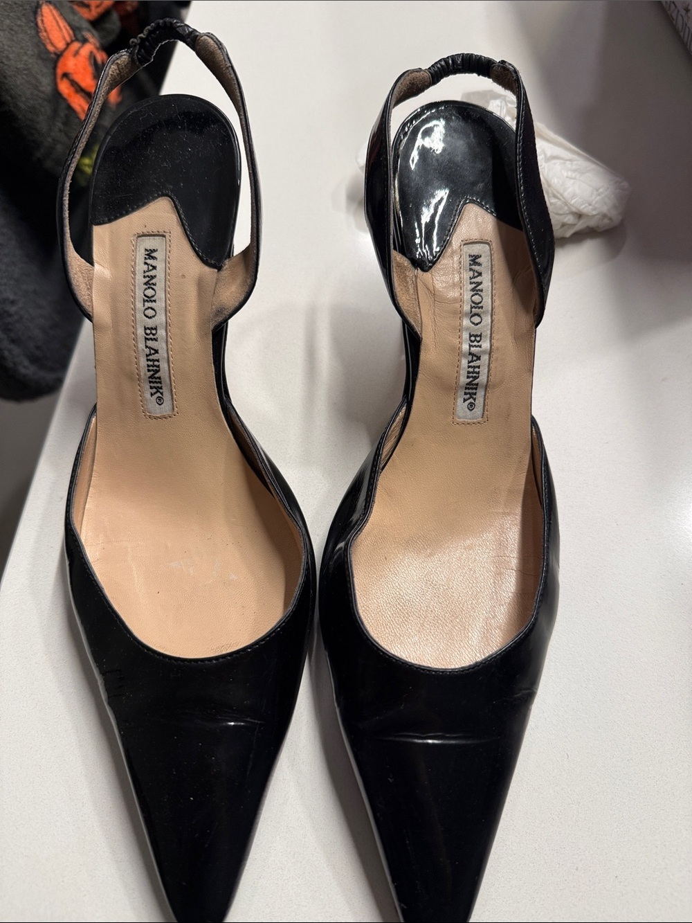 Manolo Blahnik Black Patent Pointed Slingback Pumps